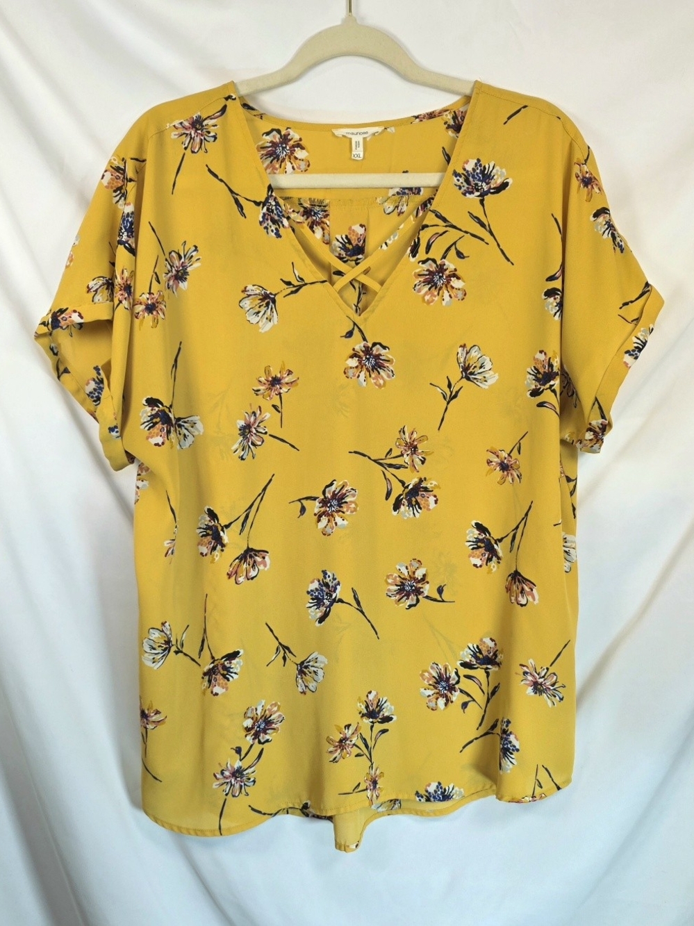 Maurices Womens Blouse 2XL Yellow Botanical Criss Cross V Neck Boho Cottagecore